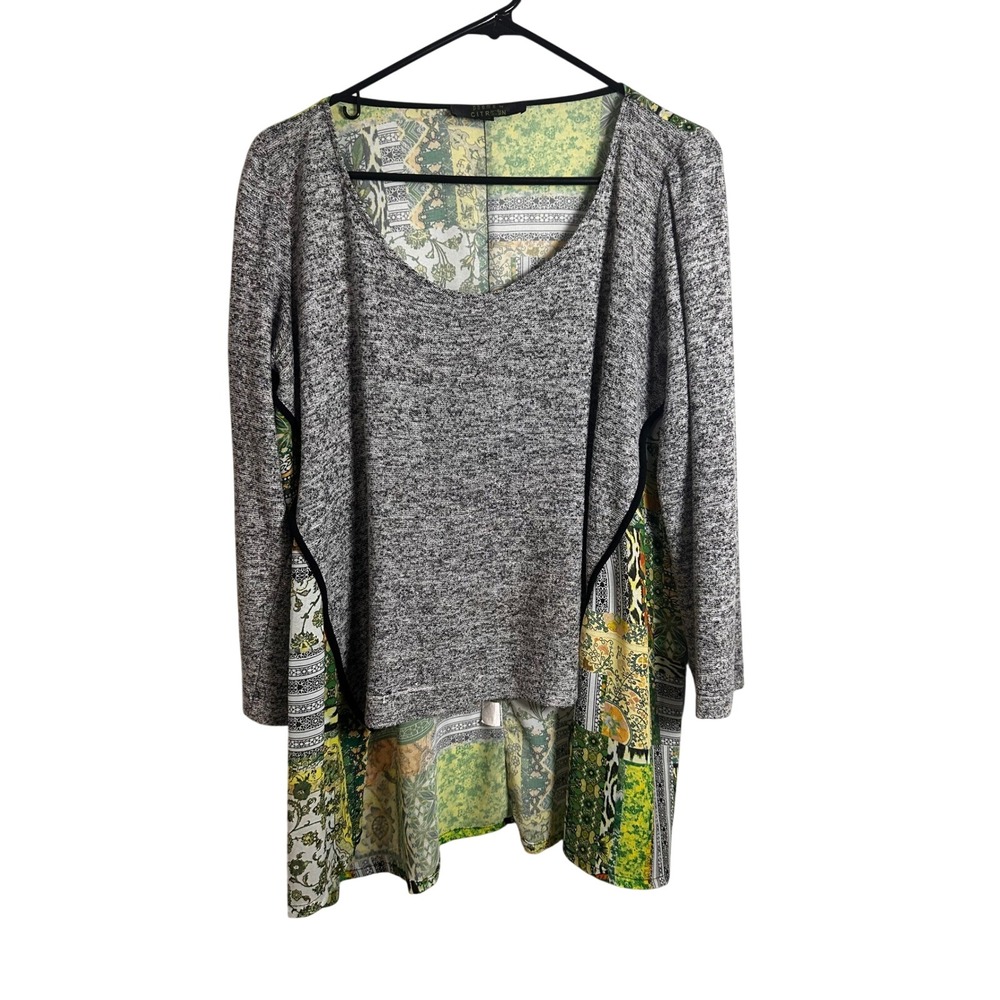Poeme by‎ Citron XL Mixed Media Patchwork Tunic Top Gray Green High Low USA